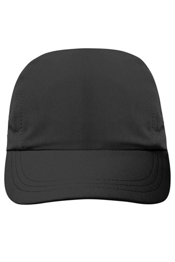 A black 3 Panel Cap featuring a structured design and a logo on the front.