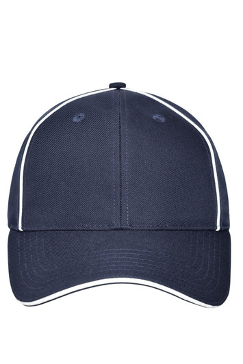 A navy blue six-panel cap with contrasting white piping and a logo on the front.
