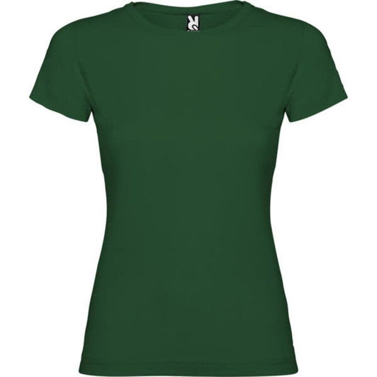 A green women's t-shirt featuring a round neckline and short sleeves, with a small logo on the label.