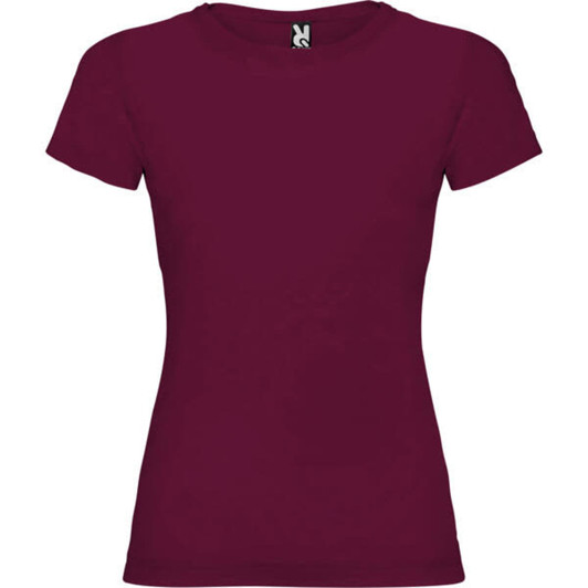 A maroon T-shirt with short sleeves and a round neck featuring a logo at the collar.
