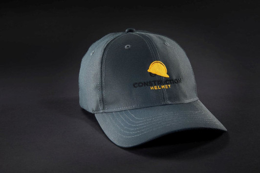 A grey six-panel workwear cap with a logo featuring a construction helmet.