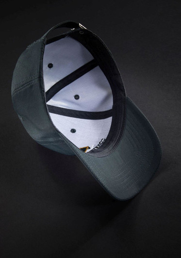 A 6-panel workwear cap in dark grey with a white interior and a logo visible inside.