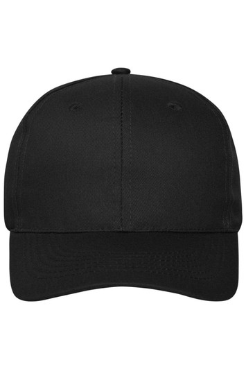 A black 6-panel cap made of organic cotton, featuring a logo on the front.