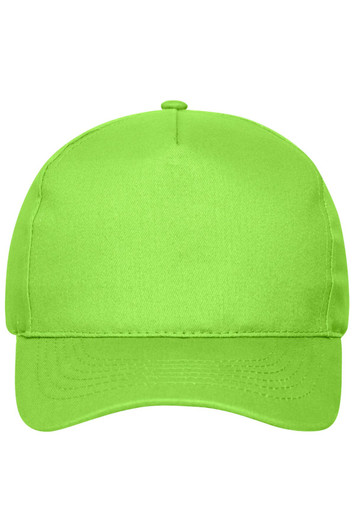 A bright green 5 panel cap made of organic cotton, featuring a logo on the front.