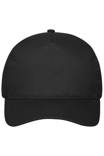 A black 5 panel cap made from organic cotton, featuring a smooth surface and a logo on the front.