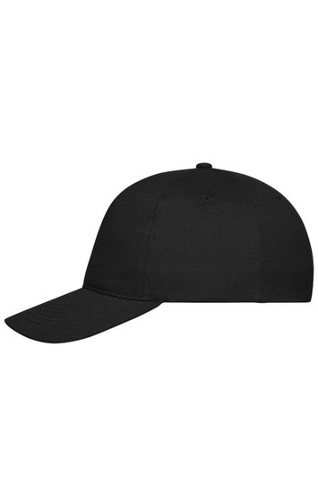 A black 5 panel cap made from organic cotton, featuring a structured design and a logo.