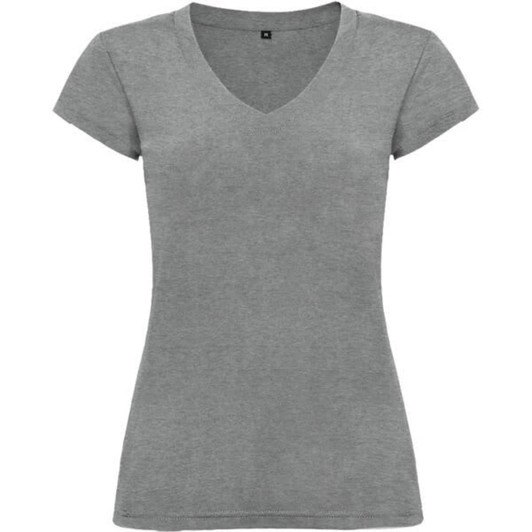 A grey V-neck T-shirt featuring short sleeves and a fitted style, with a branding logo.