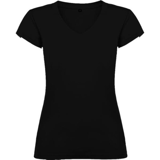 A black Victoria T-Shirt with a v-neck and short sleeves. It features a fitted design and has a logo.