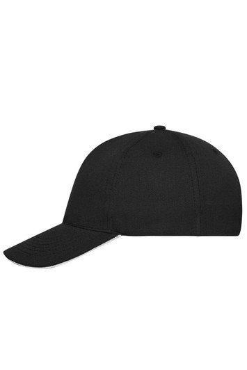 A black 5 panel sandwich cap made from organic cotton, featuring a curved brim and a logo.