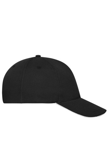 A black 5-panel sandwich cap made from organic cotton, featuring a curved brim and a logo.