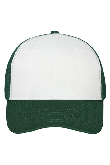 A green and white 6 panel mesh cap with a curved brim and ventilation holes on the sides.