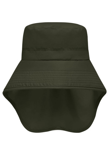 A green multifunctional hat with a wide brim and a neck guard for added protection.