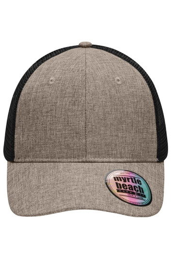 A grey mesh trucker cap with a black mesh back, featuring a round branding label on the front.
