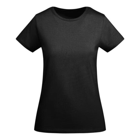 A black women's T-shirt with a classic crew neck design, featuring a logo on the front.