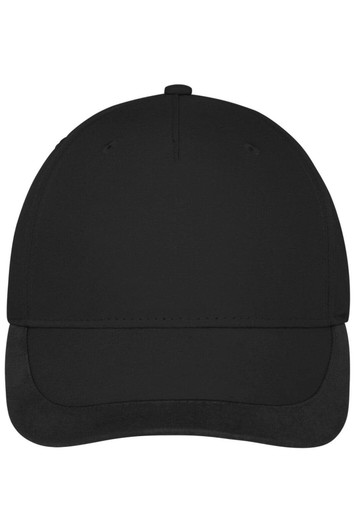 A black 5 panel sports cap with a curved brim and a built-in logo.