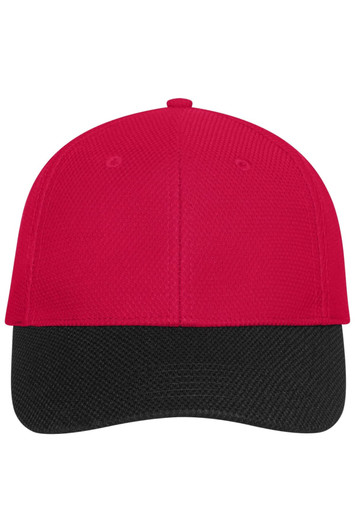 A red and black six-panel mesh cap featuring a logo on the front.