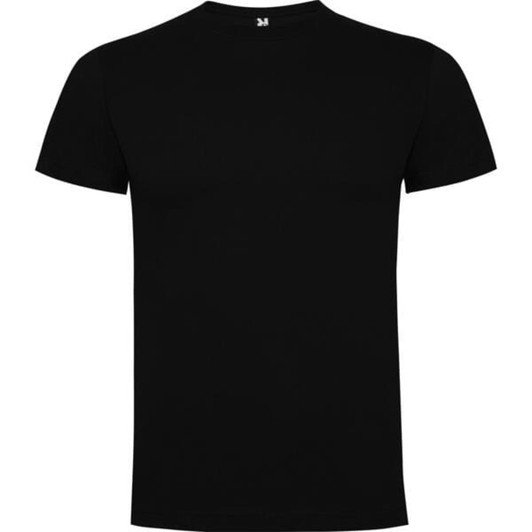 A black premium t-shirt with a round neckline and short sleeves, featuring a logo on the collar.