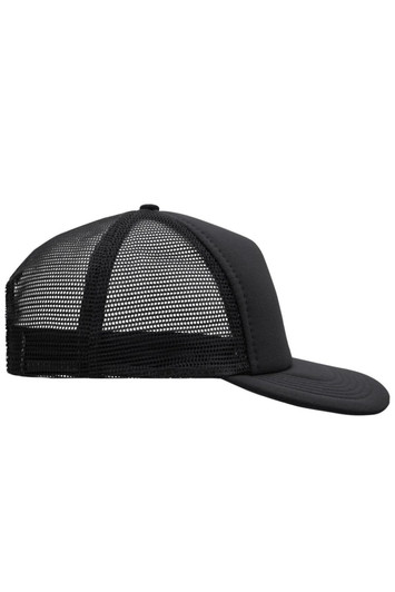 A black 5 panel flat peak cap with a mesh back and a curved brim, featuring a logo on the front.