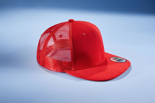 A bright red 6 panel flat peak cap with a mesh back and a branded logo.