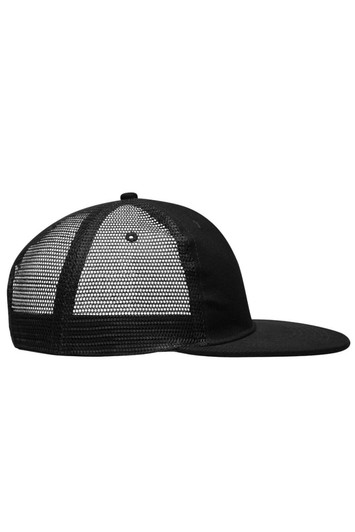 A black 6 panel flat peak cap with a mesh back and a curved brim. It features a logo on the front.