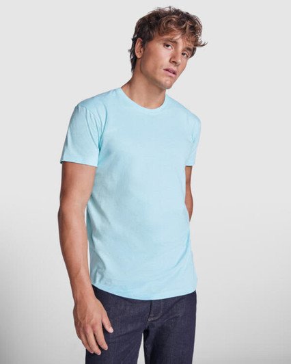 A light blue T-shirt featuring a fitted design, worn by a model against a plain background.