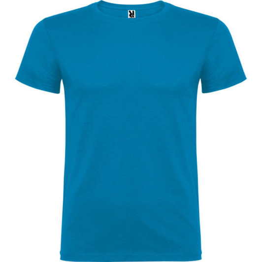 A bright blue t-shirt featuring a round neckline and short sleeves, with a logo on the label.