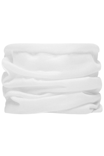 A white drawstring bag with a textured design, featuring a branding logo.