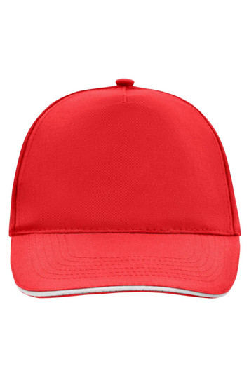 A red 5 Panel Promo Sandwich Cap with a logo, featuring a curved brim and a structured design.