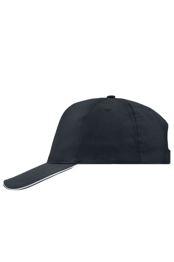 A black 5 Panel Promo Sandwich Cap with a contrasting trim and a logo on the front.