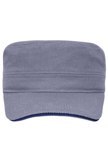 A grey military-style cap featuring a structured design and a contrasting navy underside, complete with a logo.