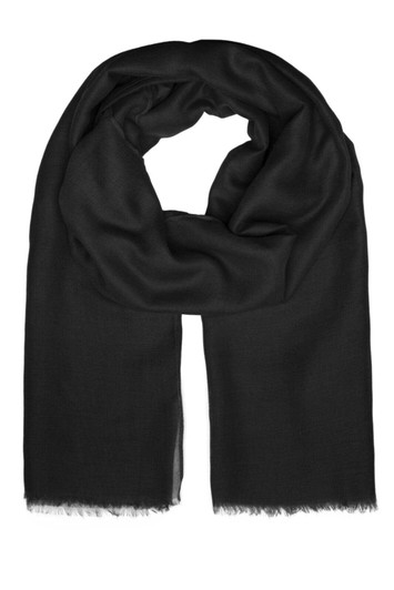 A black scarf with a soft texture and fringed edges, featuring a logo.
