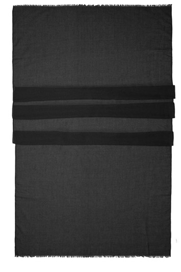 A black scarf with three wide black bands, featuring a fringed edge and a simple design.