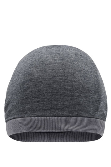 A grey beanie featuring a smooth texture and ribbed cuff, with a small logo on the side.