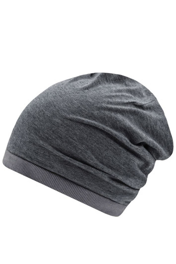 A grey slouchy beanie with a soft fabric and a ribbed band at the bottom. It features a logo.