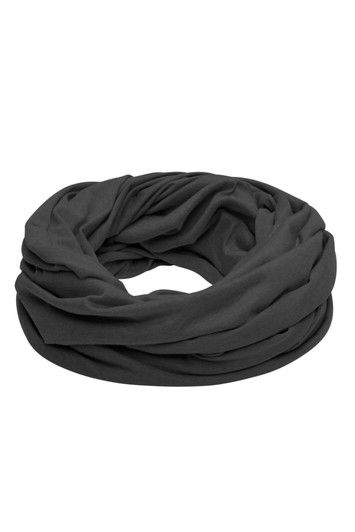 A loop scarf in a dark grey colour, featuring soft, draped fabric with a continuous, unbroken design.