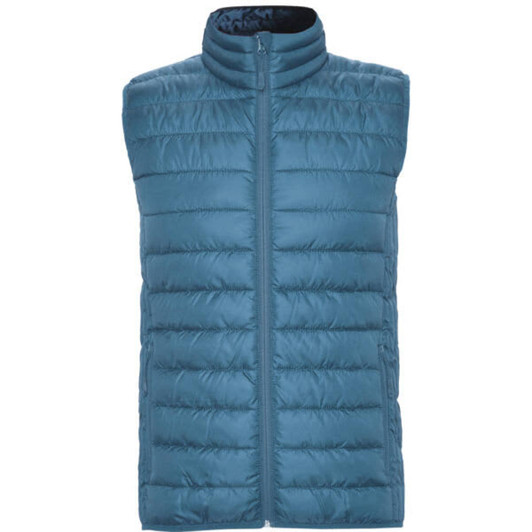 A padded vest in a rich blue colour with a zip closure and high collar. Features include a sleek design and a logo.