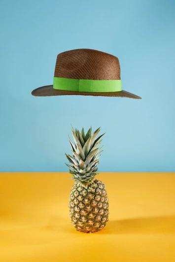 A brown Traveller Hat with a green band floats above a pineapple against a blue and yellow background.