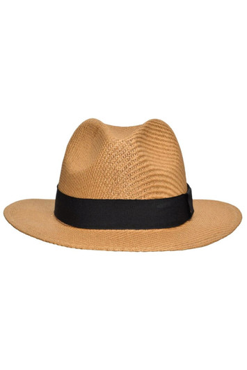 A tan straw hat with a black band, featuring a structured wide brim and a classic fedora style.