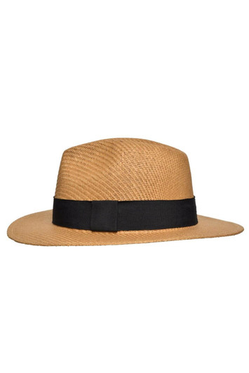 A tan straw hat with a black band, featuring a wide brim and a structured design.