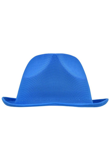 A blue promotional hat with a wide brim and a structured top, featuring a logo.
