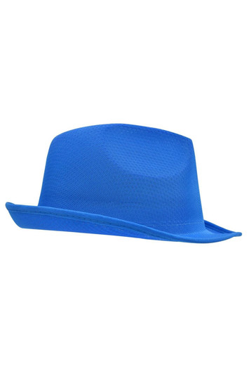 A blue promotional hat with a structured design and a wide brim, featuring a logo.