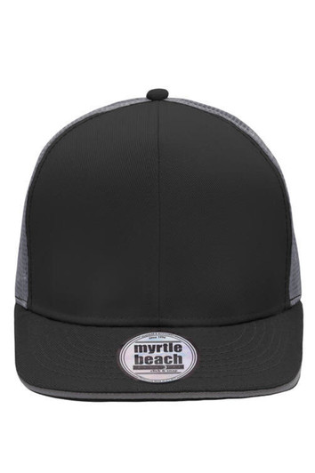 A black trucker cap with grey mesh panels and a logo on the front.