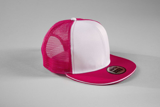 A pink and white 6-panel mesh trucker cap with a branded logo on the front.