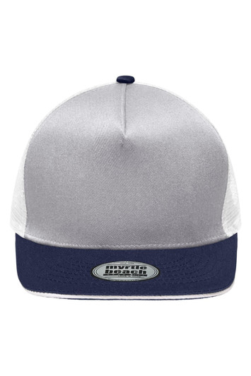 A grey and navy five-panel trucker cap featuring a mesh back and a logo at the front.