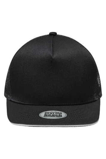 A black five-panel trucker cap with mesh back and a branded patch on the front.