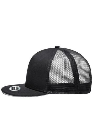 A black Pro Cap Mesh 5 Panel Trucker hat featuring a mesh back and a flat brim, with a logo present.