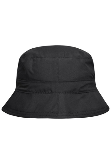 A black bucket hat featuring a simple design and a logo on the side.