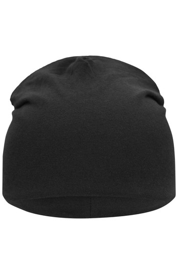 A black jersey beanie with a smooth, seamless design and a snug fit, featuring a logo.