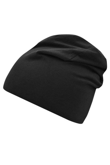 A black Jersey Beanie with a soft, slouchy design and an unstructured shape. It features a logo.
