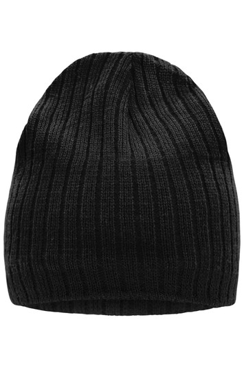 A black knitted hat with a ribbed texture, featuring a logo on the side.